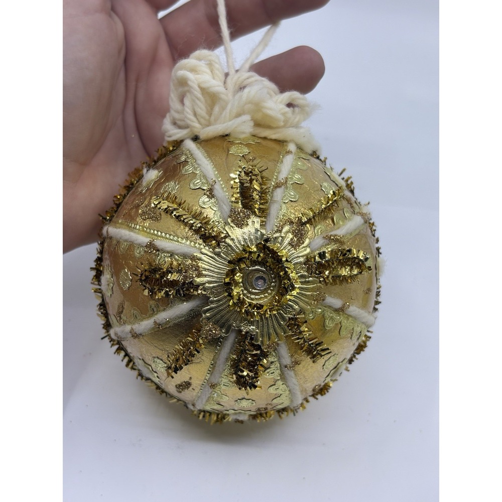 Vintage 70's Jumbo Handmade Sequin & Yarn Christmas Ornament - Gold